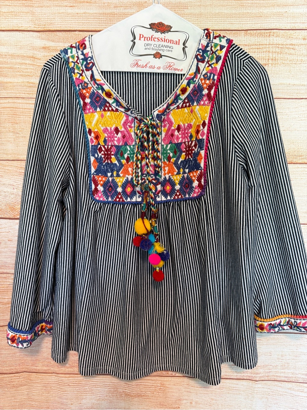 Hannah Black & White Striped Top with Multicolor Embroidery